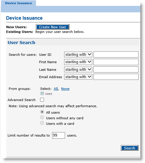 Device Issuance tab of CMS Operator portal with a Create New User button and a User Search section